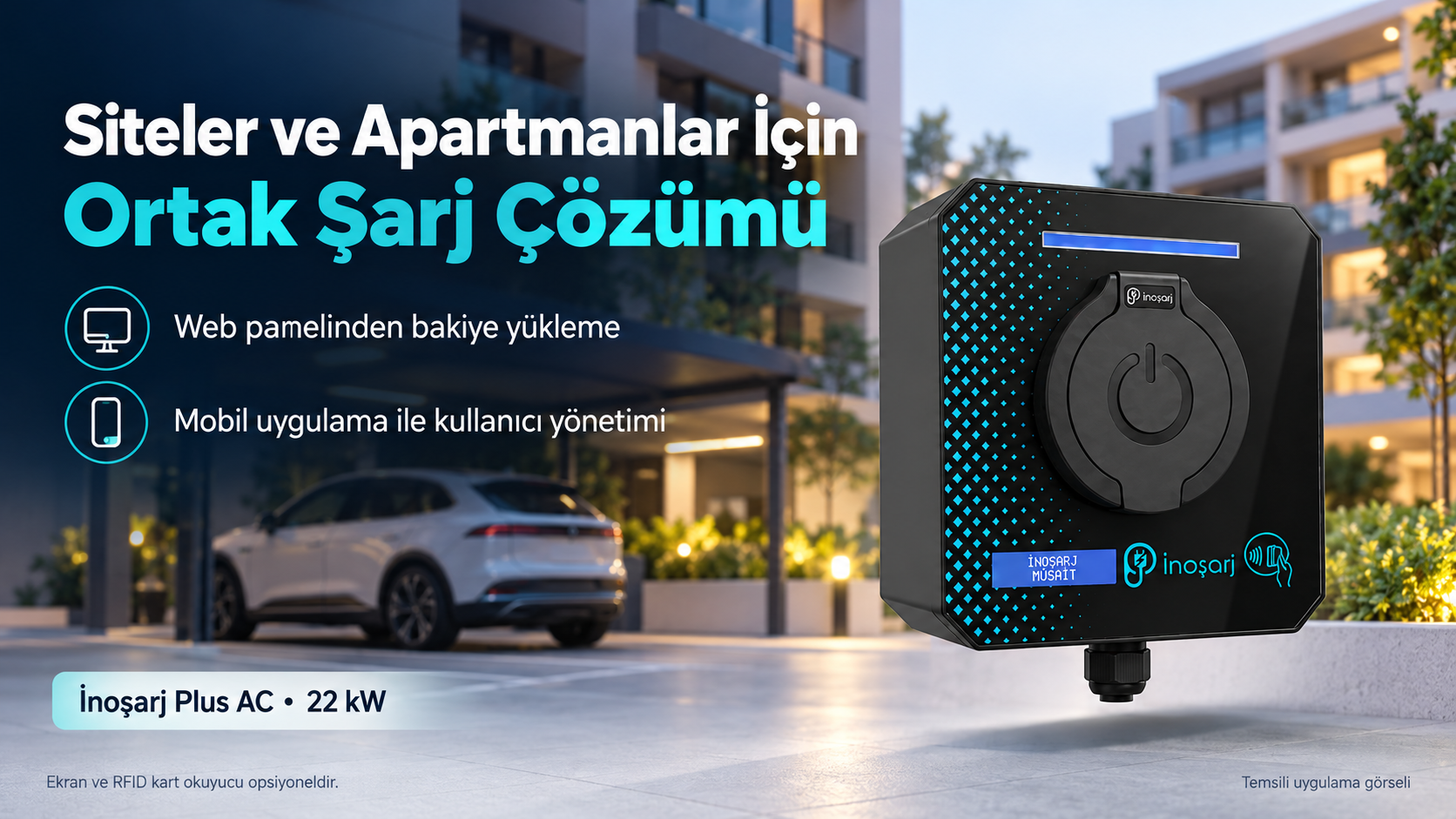 İnoşarj Plus AC ürün görseliyle site ve apartmanlarda ortak şarj yönetimini anlatan temsili kompozisyon
